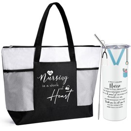 Buryeah 2 Pcs CNA Nurse Week Appreciation Gifts Nursing Tote Bag 20 oz Tumbler Cup with Lid Thank You Gift Women(White)