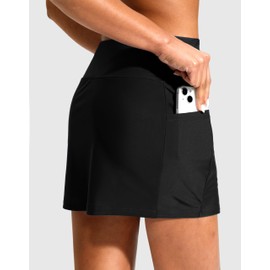 Soothfeel Women's 14" Swim Skirt with Pockets High Waisted Tummy Control Bathing Suit Swimsuit Skirt Modest Tankini Bottoms (Black,L)