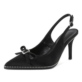 YODEKS Sling Back Heels Women High Heeled Rhinestone Bow Heels Beaded Closed Pointed Toe Stiletto Heel Pumps Crytal Diamond Buckle Shoes 3.5 Inch for Office Satin Black US Size 7.5