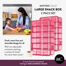 Large Kids Snack Box Containers Set of 2 -100 Labels, BPA-Free, Adjustable Compartments, Dishwasher Safe, Reusable Tray, Food Grade, Meal Prep Container, PARENT TESTED PARENT APPROVED AWARD (Pink)