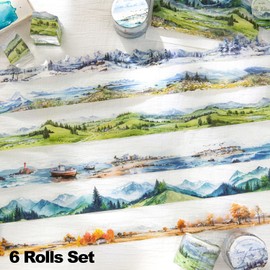 MiyouLuna 6Pcs Landscape PET Tapes, Aesthetic Stickers for Journaling, Scrapbook Supplies, and Ephemera, with Decorative Clip