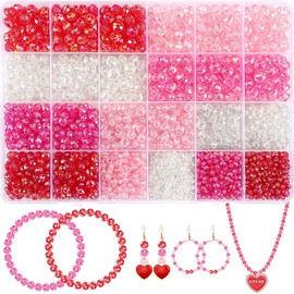DECYOOL Valentine's Day Beads, 1560Pcs Valentines Acrylic Crystal Beads Loose Spacers Craft Beads for Valentines Bracelet Jewelry Making Supplies, 4mm 6mm 8mm (Pink, Red, White, Rose Red)