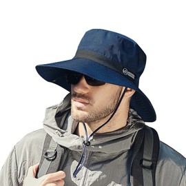Koreshion Men Sun Hat UV UPF Wide Brim Summer Hat Waterproof Breathable Fishing Hat Adjustable Foldable Boonie Cap Outdoor Beach Hiking Safari Golf Navy Blue