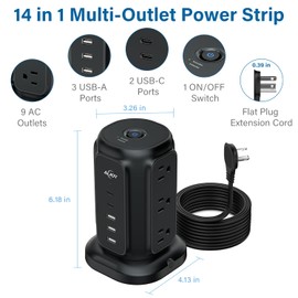 AiJoy Power Strip Tower with 9 AC Outlets and 5 USB Ports (2 USB-C), Flat Plug 1625W 6.5ft Extension Cord, 1200J Surge Protector Charging Station for Home, Office & Dorm