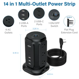AiJoy Power Strip Tower with 9 AC Outlets and 5 USB Ports (2 USB-C), Flat Plug 1625W 6.5ft Extension Cord, 1200J Surge Protector Charging Station for Home, Office & Dorm