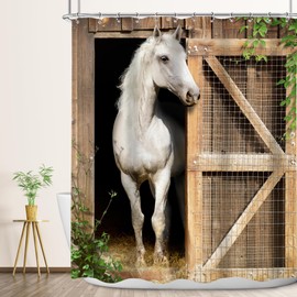 Cinbloo Western Horse Shower Curtain 60Wx72H Rustic Barn Door Wild Aminal Botanical Leaves Farmhouse Country Bathroom Curtain Set Farm Bath Curtain Fabric Bathroom Accessories Decor with 12 Hooks