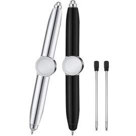 Pack of 2 Fidget Pen with Refill & LED Light Adhs Pen Fidget Pen Spinning Pen Lumino Fidget Spinner Pen Ballpoint Pen Gift Pen for Stress Relief for Children Adults (Black Silver)