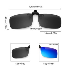 Long Keeper Sunglasses for Glasses Wearers - Unisex Clip On Sunglasses Polarised Flip Up Sunglasses, Sunglasses Attachment Glasses for Men Women, Grey + Green