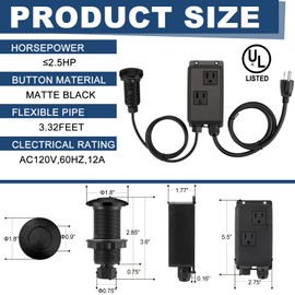 Relaxweex Garbage Disposal Air Switch Kit Wireless Sink Top Garbage Disposal Button Stainless Steel/On/Off Waterproof Button Kit with Long Switch Matte UL Listed(Dual Outlet,Black,Long/3.6")