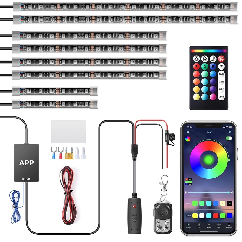 Motorcycle LED Underglow Kit, icicar 8 Pcs APP/RF Control Multicolor