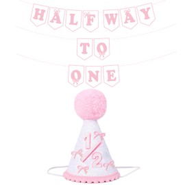 Half Way To One Decorations For Baby Girl, Pink Bow 1/2 Birthday Hat And Pre-strung Half Birthday Banner For 6 Month 1/2 Birth-day Party Decorations, Baby Shower Party Photo shoot