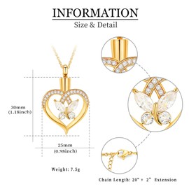 QGJNSGC Heart Urn Necklace for Ashes for Women Butterfly Cremation Jewelry Crystals Ash Of Loved One Memorial Keepsake Locket Pandant (Gold-white)