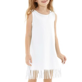 Noomelfish Girls Sleeveless Fringe Dress Cotton Summer Casual Sundress, White, Size 7-8 Years