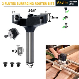 Akylin Slab Flattening Router Bit 1/2 Shank - CNC Spoilboard Surfacing Router Bit,2-3/8"-3 Wings Plain Milling Cutter,Carbide Insert Planer Bit for Woodworking
