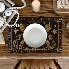 Artoid Mode Gold Viking Tree of Life Raven Helmet of Awe Place Mats Set of 4 30 x 45 cm Holiday Place Mats Kitchen Party Decoration