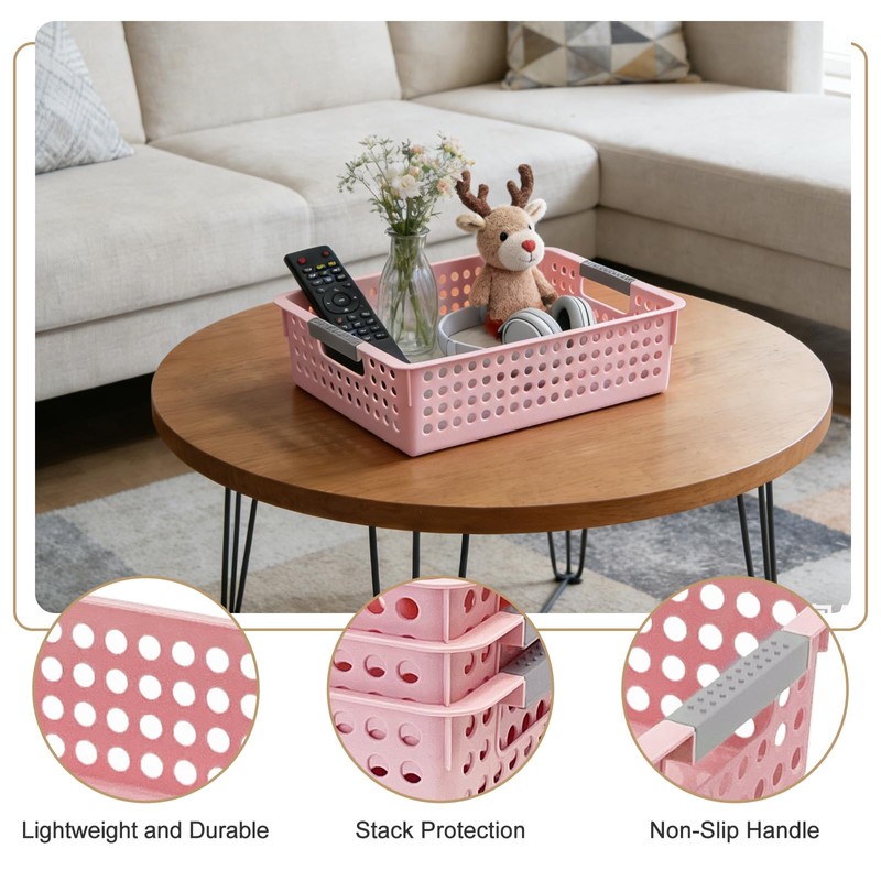 4 Pack Plastic Storage Basket with Handles, Wide Shallow Organizer