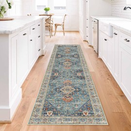 Enkor Runner Rugs for Hallway, 2x8 Washable Soft Non Slip Floor Rugs for Kitchen, Modern Mat for Living Room Bedroom Entryway Green & Blue