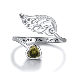 Birthstone Wing Rings Sterling Silver Adjustable Feather Heart Month Stone Wrap Ring Jewelry Gift for Women Engrave Love you forever (Aug)