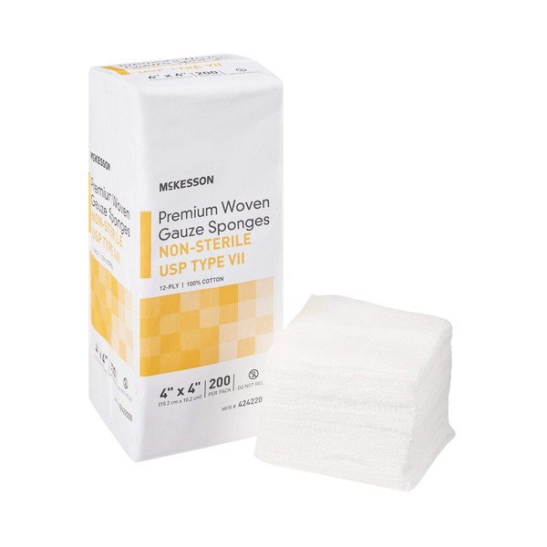McKesson Premium Woven Gauze Sponges, 12-Ply Non-Sterile, USP Type VII, 100% Cotton, 4 in x 4 in, 200 Per Pack, 1 Pack