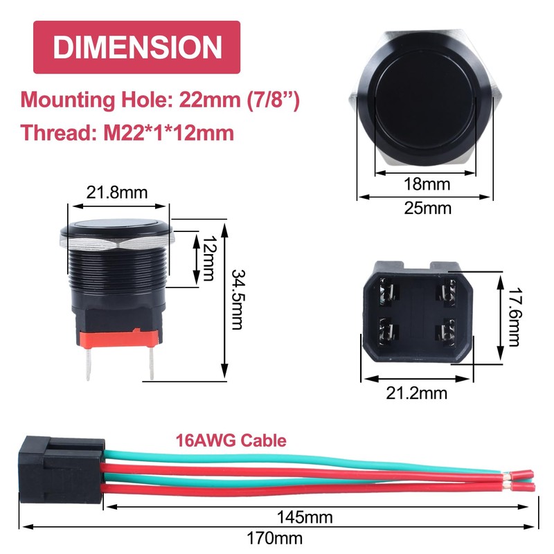 DMWD 22mm Heavy Duty Latching Metal Push Button Switch Large