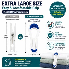 SWL Extra Large Soft Grip Clothes Pegs – 12 Pack | Heavy-Duty Plastic Laundry Pegs with Non-Slip Grip | Rust-Resistant, Metal-Free Pegs for Towels, Bedding & Jeans | Ideal for Indoor & Outdoor Drying