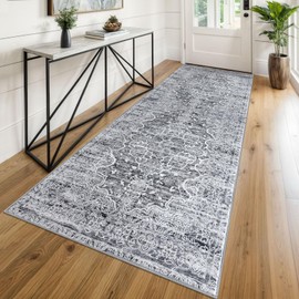 KUTA Washable Kitchen Runner 3x8, Grey Blue White Non Skid Washable 8ft Rug, Printed Vintage Distressed Tribal Area Rugs Ultra Soft Carpet Runners for Bedroom Living Room