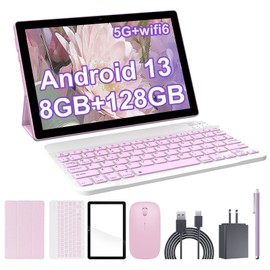 10 inch Android 13 Tablet with Keyboard, 8GB RAM 128GB ROM, 1.8Ghz Quad-core Processor Tablet, 1280*800 IPS Touch Screen, 2.4G/5G WiFi, 2 in 1 Tablets with Case, Mouse, Stylus, 6000mah Battery Tablet