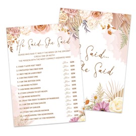 Boho Bridal Shower Game Set - He Said She Said Bohemian Wedding Shower Games Cards - 30 Pack Pampas Grass Engagement Party Decorations - Fall Floral Bachelorette Party Ideas And Activities -05