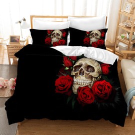 Leleyouzer 3D Skull Bed Linen Set, Skull Pattern Gothic Duvet Cover for Teenagers Adults, Skull Microfibre Bed Linen with Zip and 2 Pillowcases 50 x 75 cm (Skull 2, 135 x 200 cm)