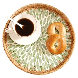 Round Rattan Tray with Mother of Pearl Inlay & Wooden Base - Decorative Wicker Serving Tray for Coffee/Bread/Fruits, Food Storage & Display - Multipurpose Home Decor (11.8" Green Leaves)