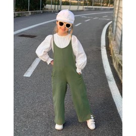 Rolanko Girls Jumpsuit Adjustable Spaghetti Strap Loose Overalls Rompers, Cotton Baggy Plain Playsuits with Pockets for Age 5-12 Years, Green, Size: 13-15 Years, 170