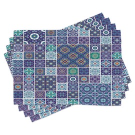 ABAKUHAUS Ethnic Place Mats, Traditional Mosaic Tiles, Washable Fabric Dining Room Kitchen Table Decoration, Digital Print, Indigo Green