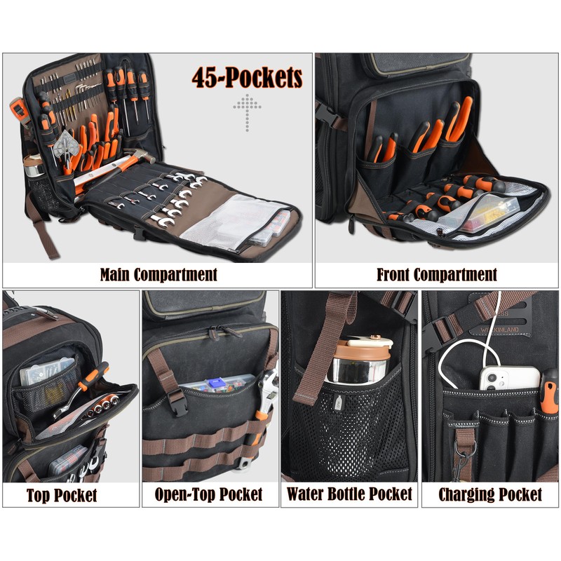 WELKINLAND Waxed-Canvas Tool Backpack - Heavy-Duty Electrician Backpack with HVAC
