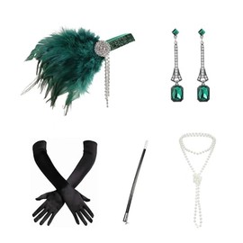 7pcs Vintage Feather Fascinator Headpiece 1920s Flapper Headband Accessories Set Faux Pearls Necklace Sparkly Earrings Long Black Gloves Extendable Handheld Props Fancy Dress Gatsby Costume Accessory
