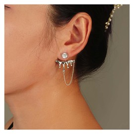 W WEILIRIAN Bohemian Crystal Jacket Earrings Silver Dripping Earrings Layered Chain Tassel Earrings Rhinestone Stud Earrings Vintage Dangle Chain Earrings for Women and Girls Gifts (Silver)