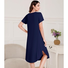 NACHILA Nightgowns for Women-Viscose Made from Bamboo,V Neck Sleepwear Button Nightshirts Short Sleeve Sleep Dress Navy Blue XL
