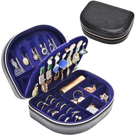 ProCase Travel Size Jewelry Box, Small Portable Seashell-Shaped Jewelry Case, 2 Layer Mini Jewelry Organizer in PU Leather for Women -Glossy Black