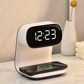 3in1 Multi-Functional Wireless Charging Alarm Clock Smart Night Light Qi Charger LED Digital Clock Adjustable Light 15W Fast Wireless Charging for All Qi Phone and TWS Headphone White