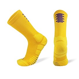 Elite Basketball Socks for Men Women Youth (1 pair), Thick Cushion Crew Mid-Calf Athletic Sports Compression Performance Running Socks, Yellow, Medium-Large