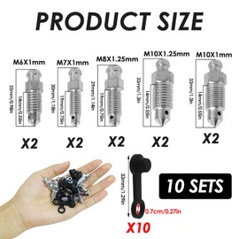 Pack of 10 Hollow Screw Bleeding Screw with Cap for Motorcycle Master Brake Cylinder Brake Caliper (M6 x 1 mm, M7 x 1 mm, M8 x 1.25 mm, M10 x 1 mm, M10 x 1.25 mm), with Nipple Dust Cap for Motorcycle