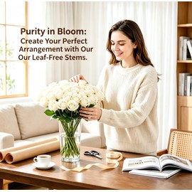 Kymo 50PCS 11.81" Long Stem Fabric Artificial Roses, Realistic Fake Rose Bouquet for Wedding Centerpieces, Bridal Bouquet, Valentine's Gifts, Artificial Flowers & Home Decor (Kymo‑Rose‑CreamWhite)