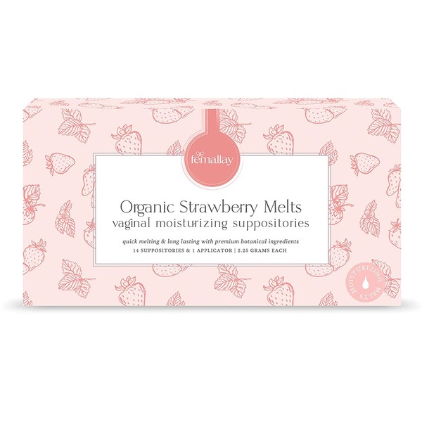 Femallay Organic Strawberry Vaginal Moisturizing Suppository Melts, 100% Natural Suppositories for Odor and Dryness, 14 Individually Sealed, Scented Melts + 1 Applicator Included