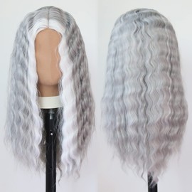 Towarm Loose Wave Grey Wig Long Wavy Highlight White Synthetic Wigs for Women Middle Part Glueless High Temperature Fiber Cosplay Daily Wear Wig (Grey with White)