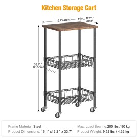 3-Tier Rolling Kitchen Storage Cart with Adjustable Wire Baskets Mobile Utility Rack on Caster Wheels Metal Shelf Unitcolor: Brown