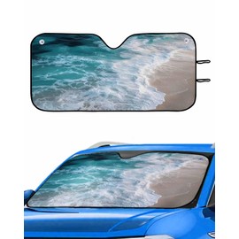 Windshield Sun Shade Blue Teal Ocean Wave Accordion Folding Auto Sunshade for Car Beach Modern Art Sun Visor Protector Sun Shade for Front Windshield 28 x 55 in