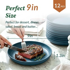 Homienly Unbreakable Salad Plates 12 PCS Wheat Straw Deep Plates 9 Inch Plastic Plates for Dessert, Bread & Butter, Breakfast Kitchen Plates for Camping Microwave & Dishwasher Safe Plates (Blue)