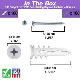TOGGLER SnapSkru SPM Mini Self-Drilling Drywall Anchor with Screws, Glass-Filled Nylon Wall Anchors, Made in US, for #6 to #8 Fastener Sizes, No Drill Needed (Pack of 100)