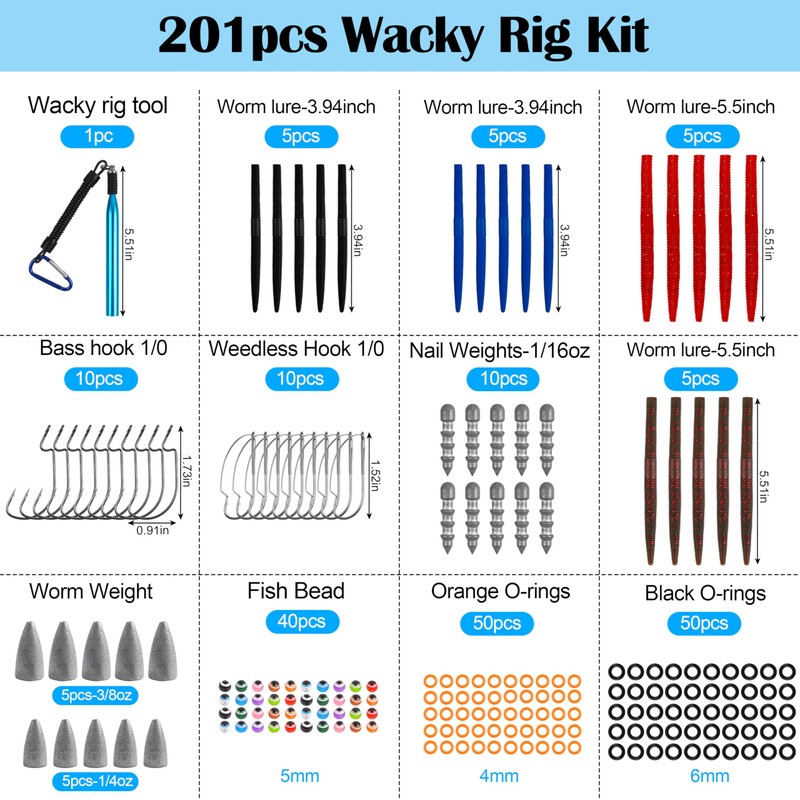 Wacky Rig Kit, 201pcs Bass Fishing Wacky Rig Tool Kit