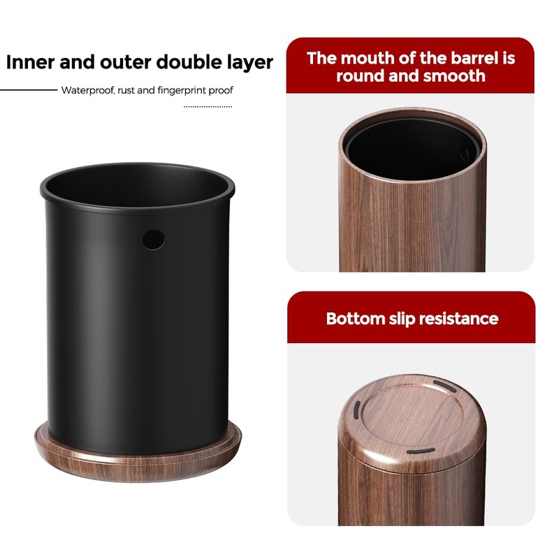 LEASYLIFE 8L/2.1GAL Modern Metal Waste Bin with Realistic Wood Texture,Built-in