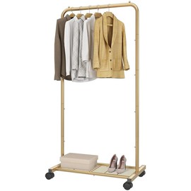 Simple Trending Clothes Rack, Clothing Rack Drying Hanging Garment Rack with Mesh Storage Shelf on Wheels, for Living Room, Bedroom, Balcony - Color: Gloden Yellow